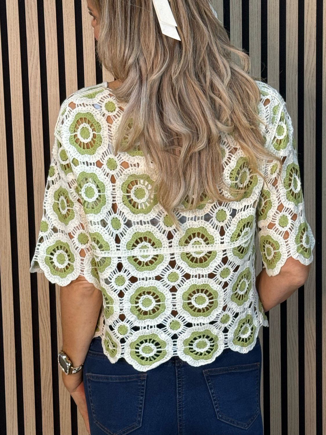 Circle Pattern Crochet Cardigan- Lime/Cream