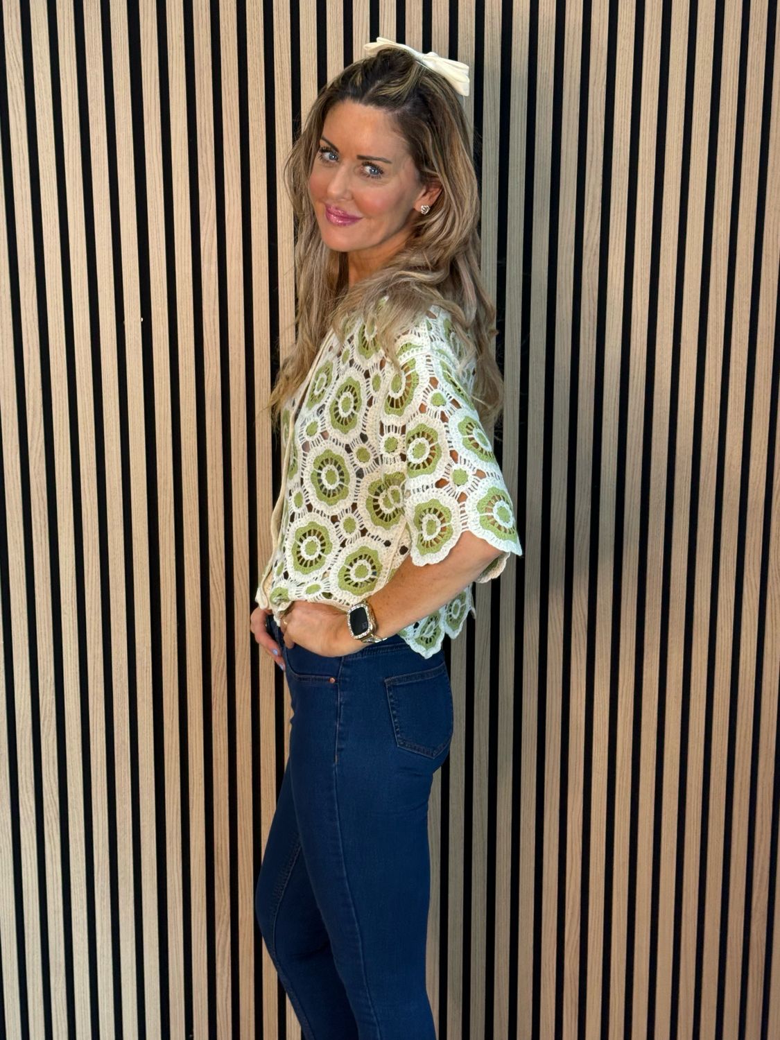 Circle Pattern Crochet Cardigan- Lime/Cream