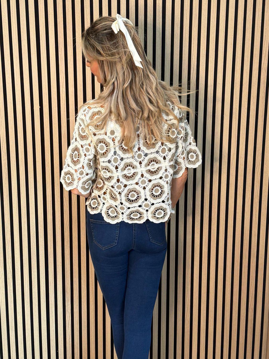 Circle Pattern Crochet Cardigan- Taupe/Cream