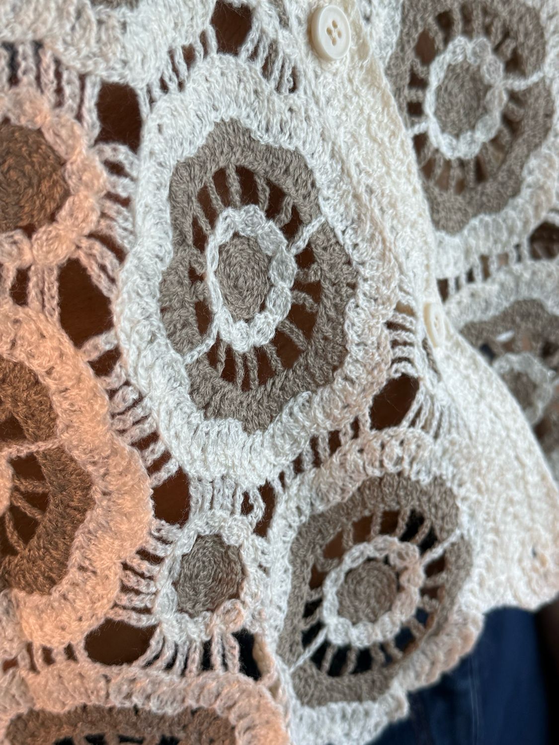 Circle Pattern Crochet Cardigan- Taupe/Cream