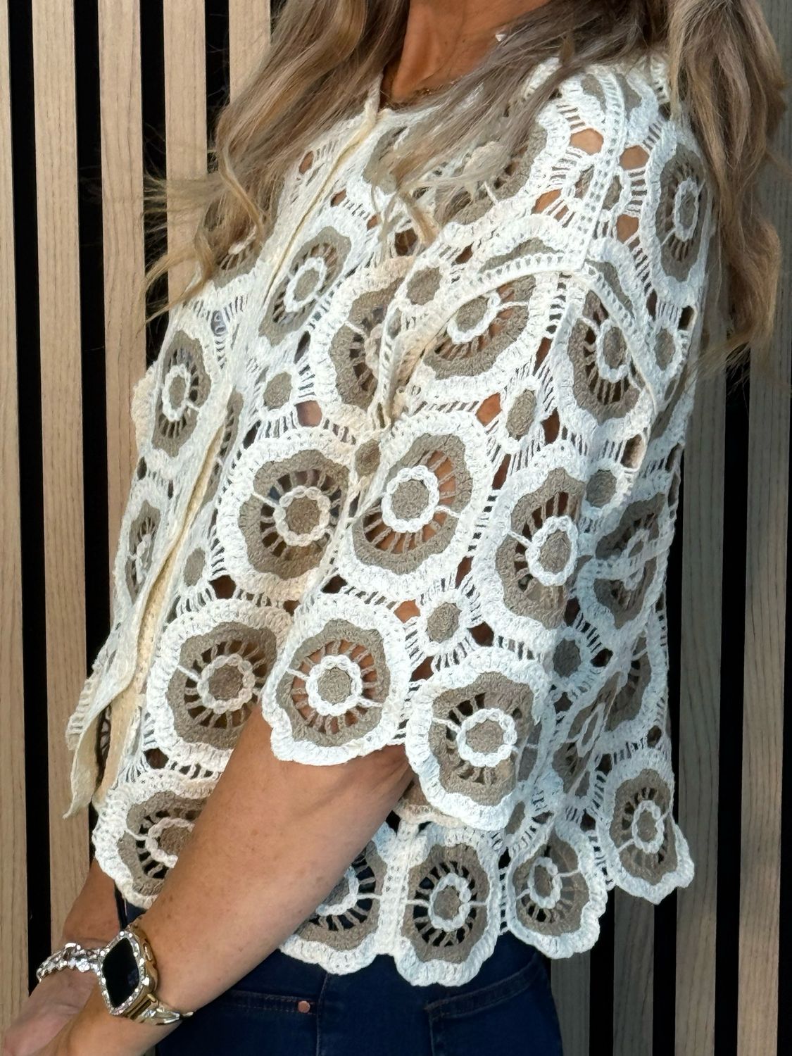 Circle Pattern Crochet Cardigan- Taupe/Cream