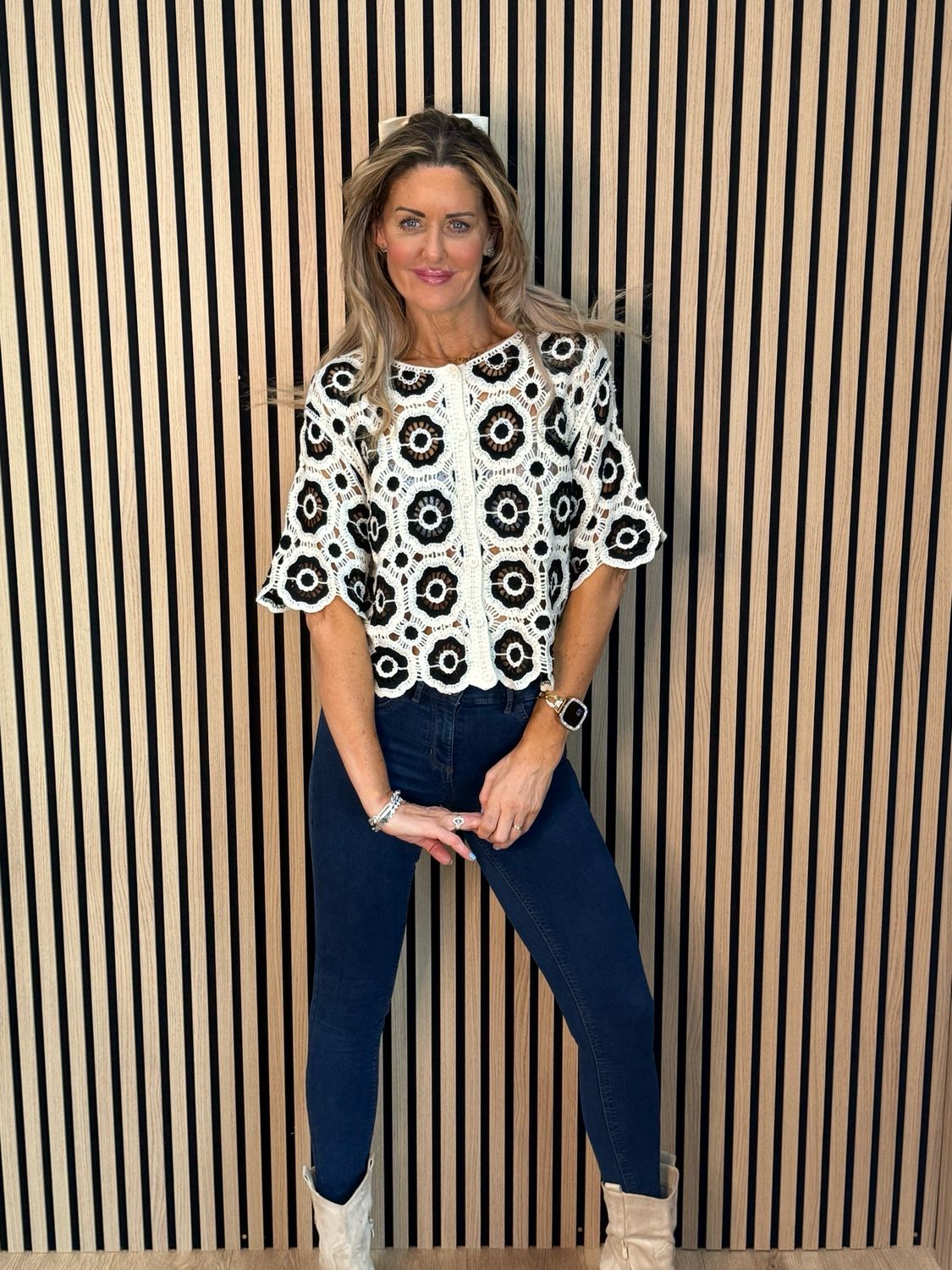 Circle Pattern Crochet Cardigan- Black/White