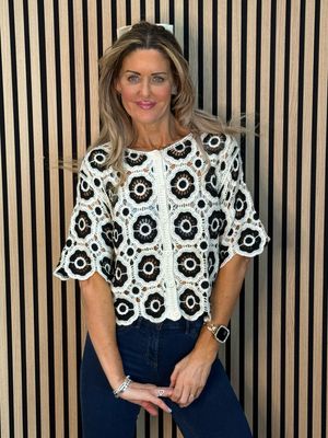 Circle Pattern Crochet Cardigan- Black/White