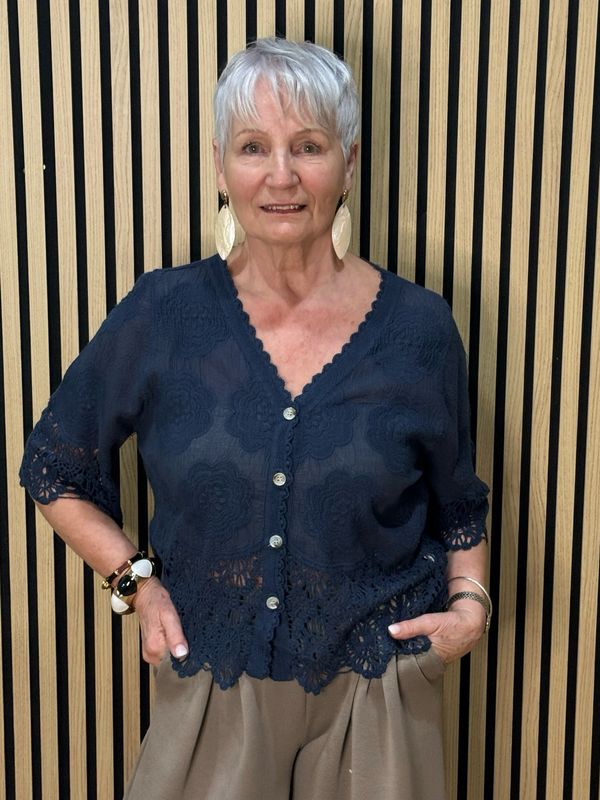 Floral Embroidered Cotton Top - Navy