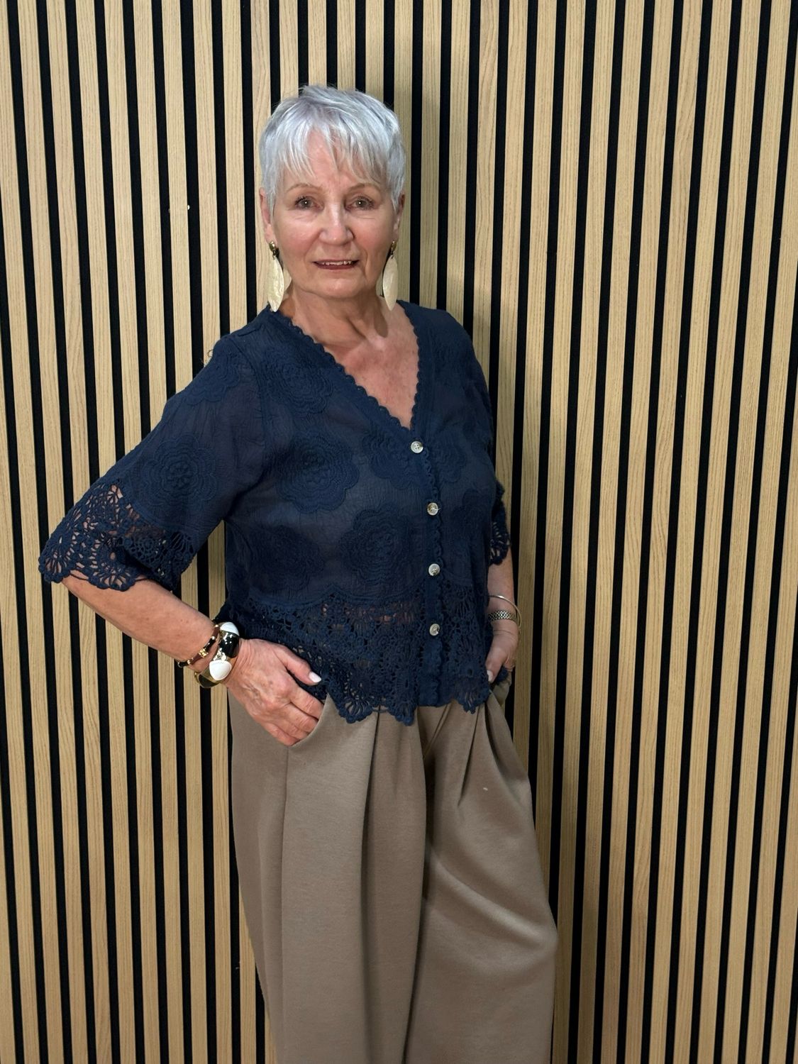 Floral Embroidered Cotton Top - Navy