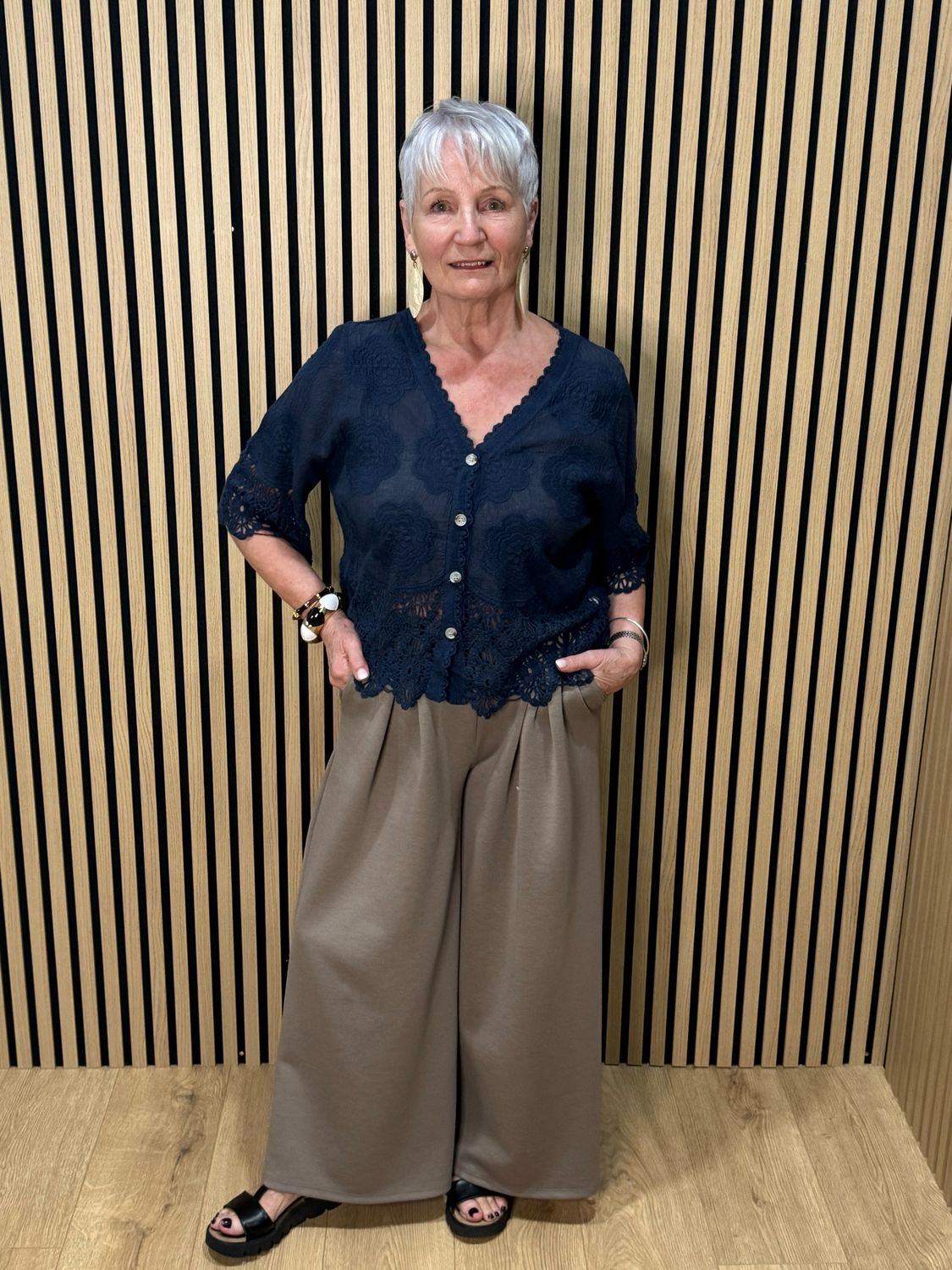 Floral Embroidered Cotton Top - Navy