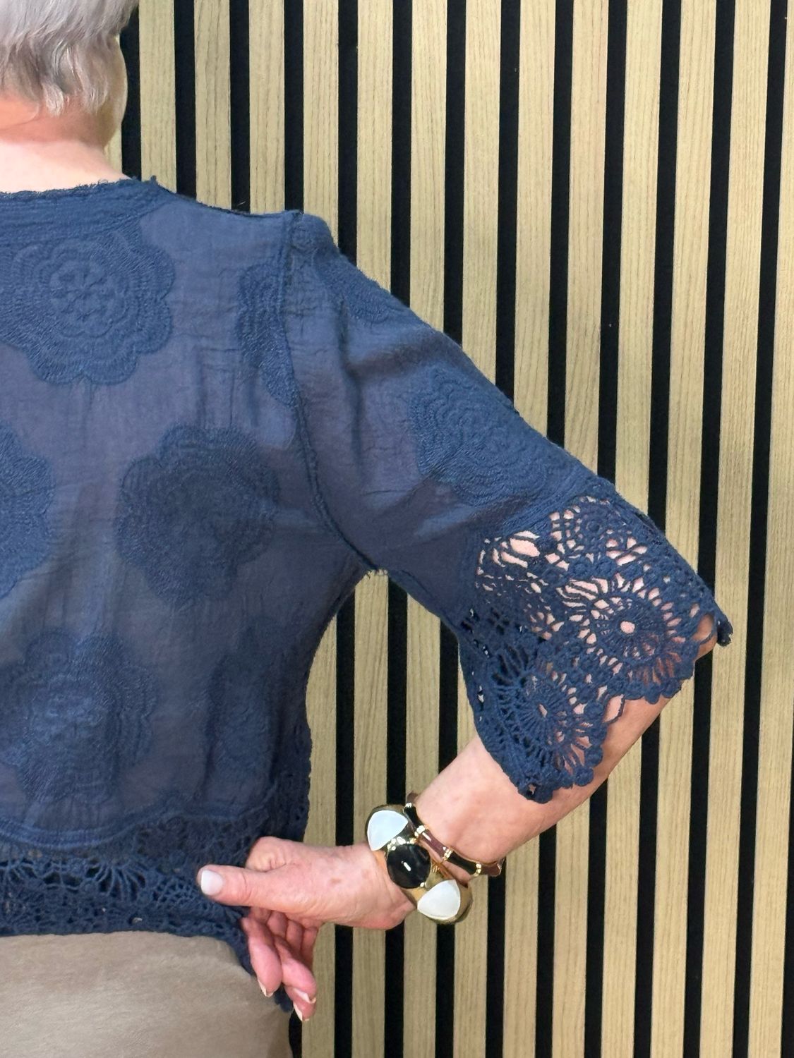 Floral Embroidered Cotton Top - Navy