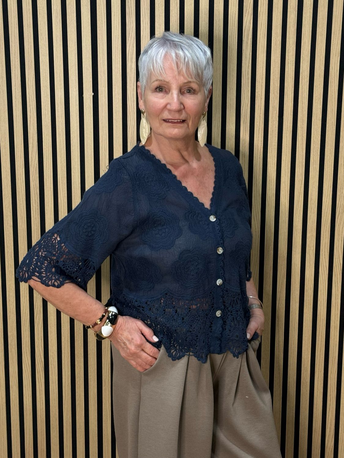 Floral Embroidered Cotton Top - Navy