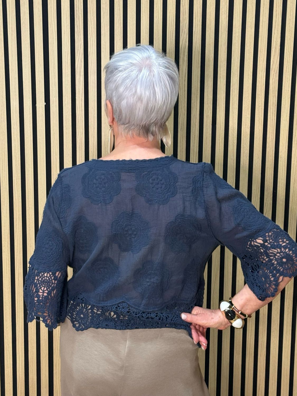 Floral Embroidered Cotton Top - Navy