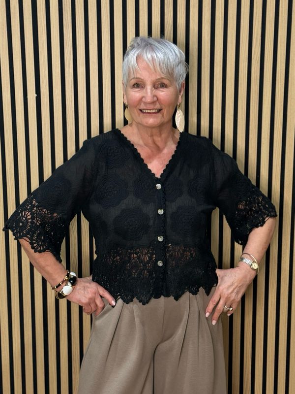 Floral Embroidered Cotton Top - Black