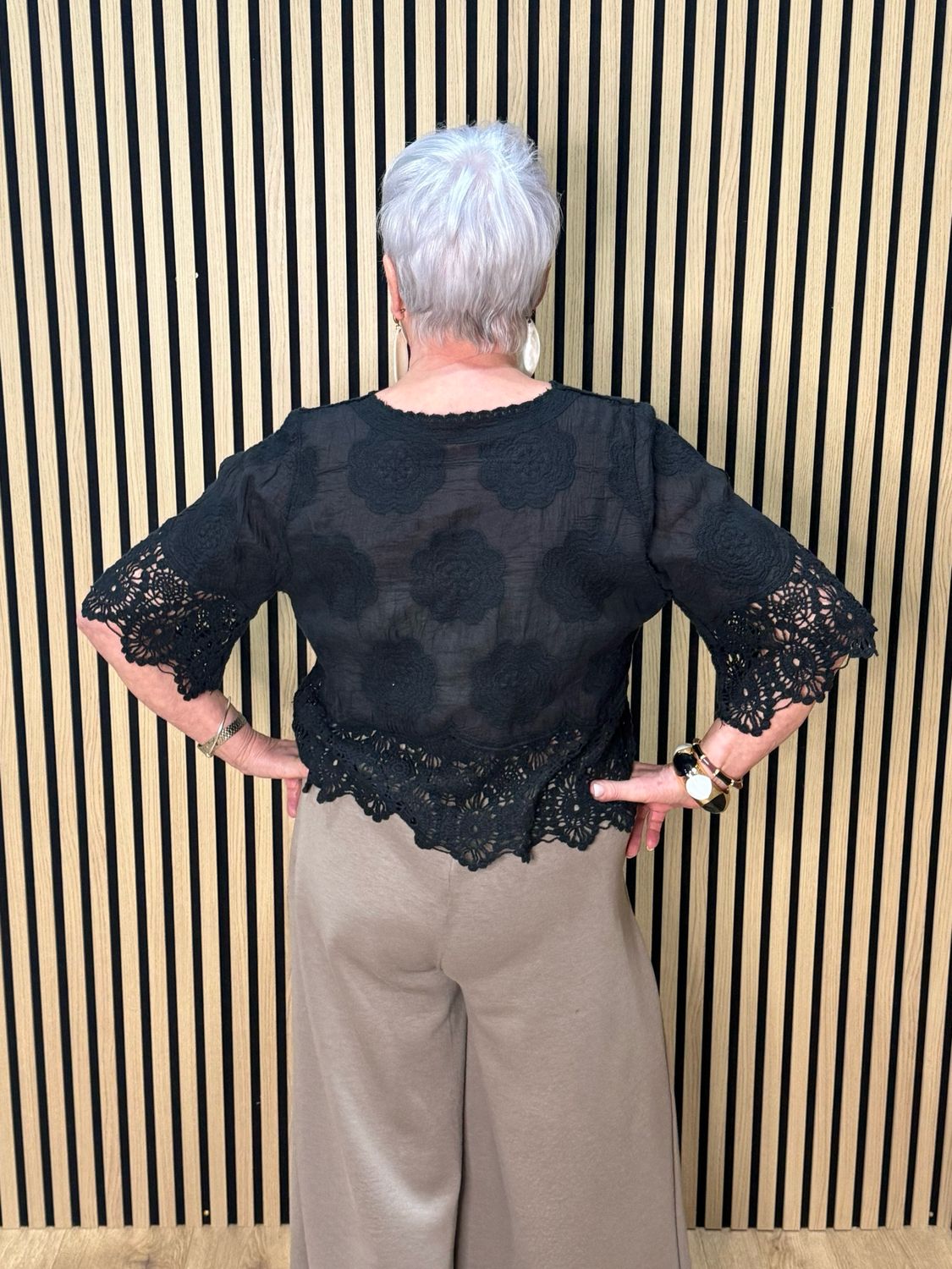 Floral Embroidered Cotton Top - Black