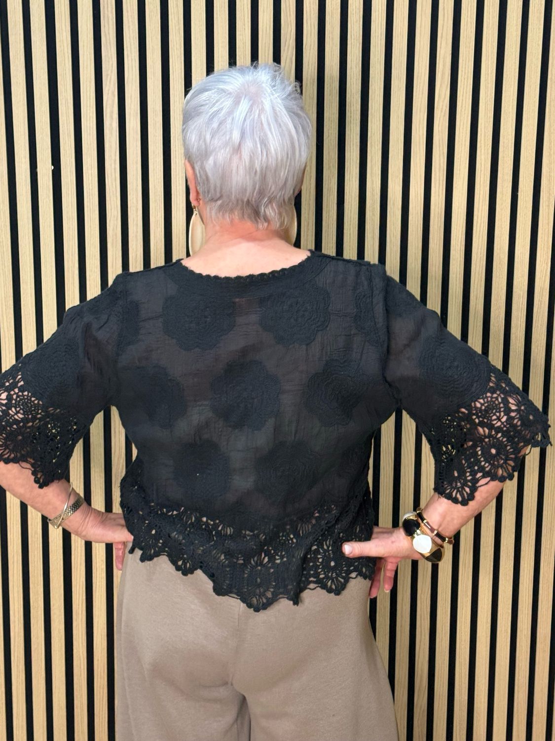 Floral Embroidered Cotton Top - Black