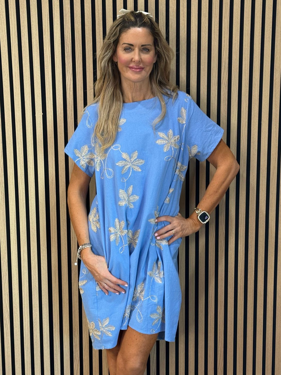 Leaf Embroidered Dress - Blue