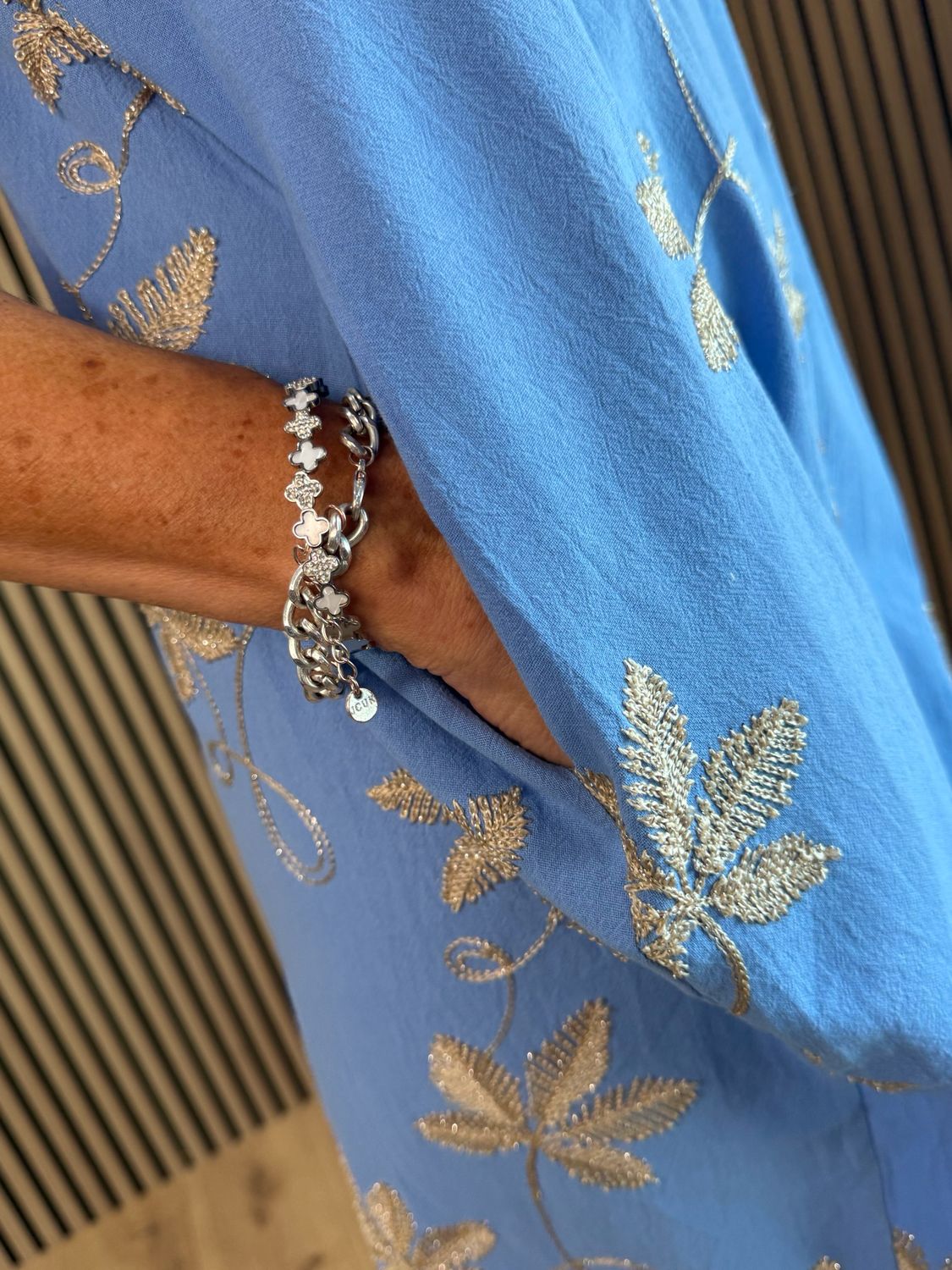 Leaf Embroidered Dress - Blue