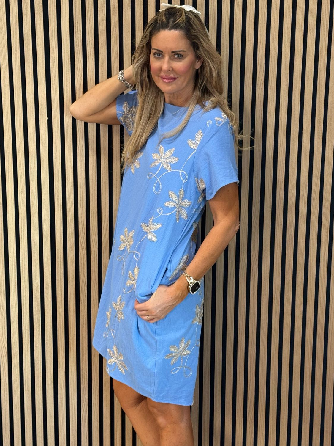 Leaf Embroidered Dress - Blue
