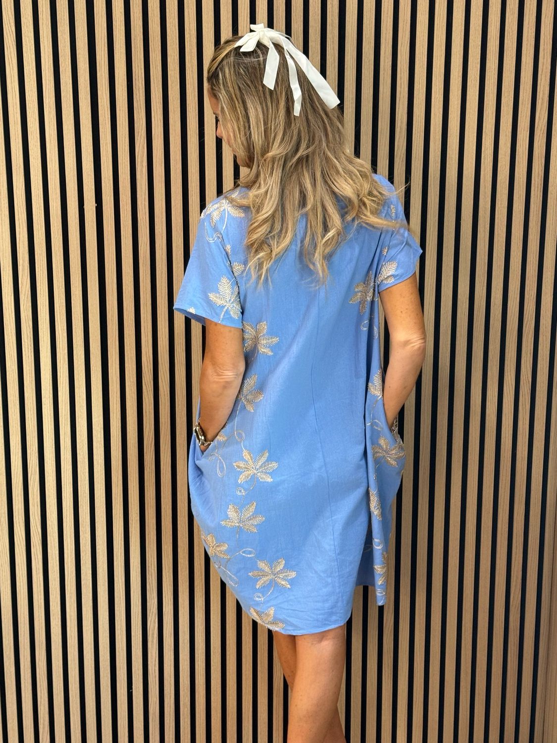 Leaf Embroidered Dress - Blue