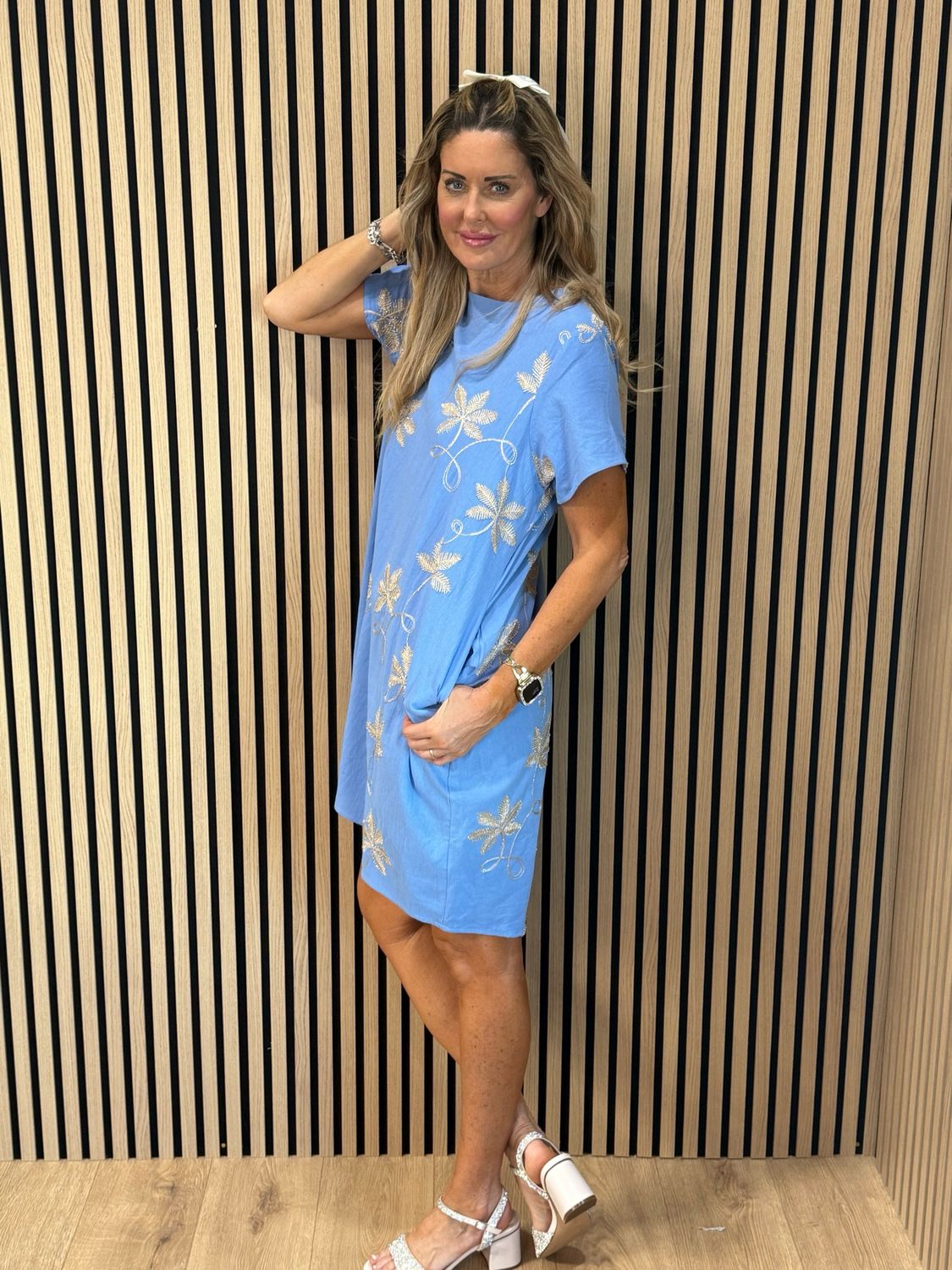 Leaf Embroidered Dress - Blue