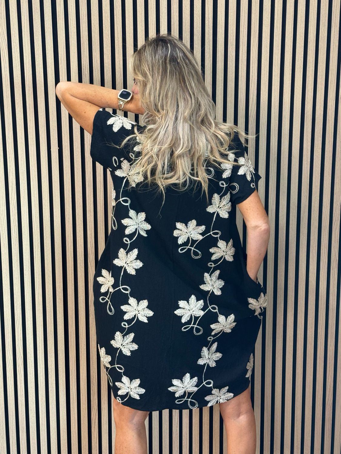 Leaf Embroidered Dress - Black