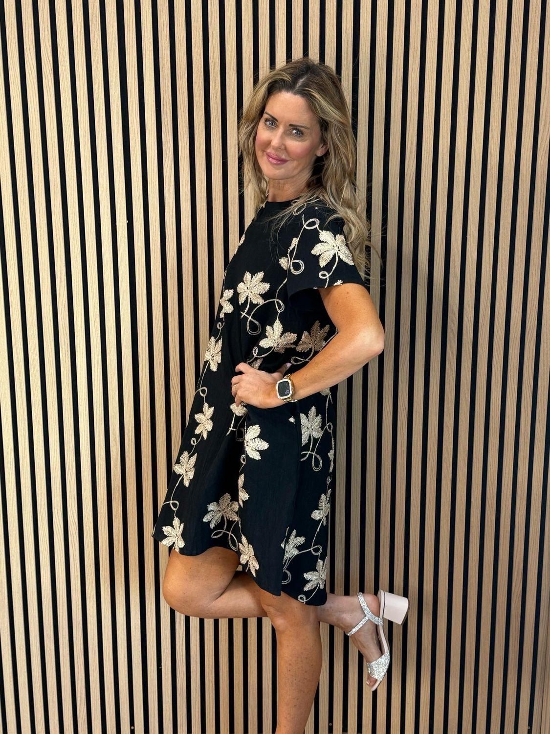 Leaf Embroidered Dress - Black