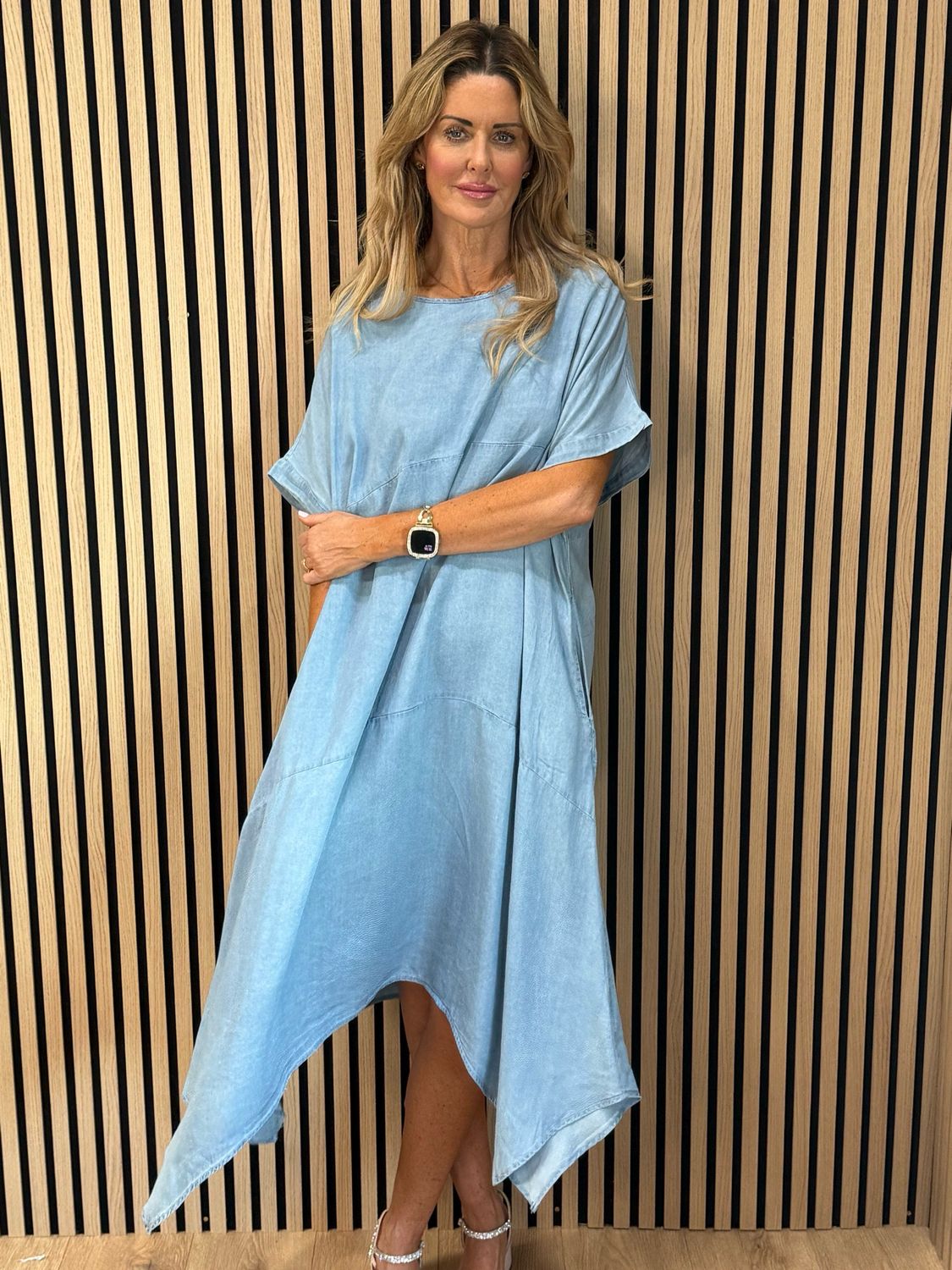 Asymmetric Hem Denim Dress - Blue