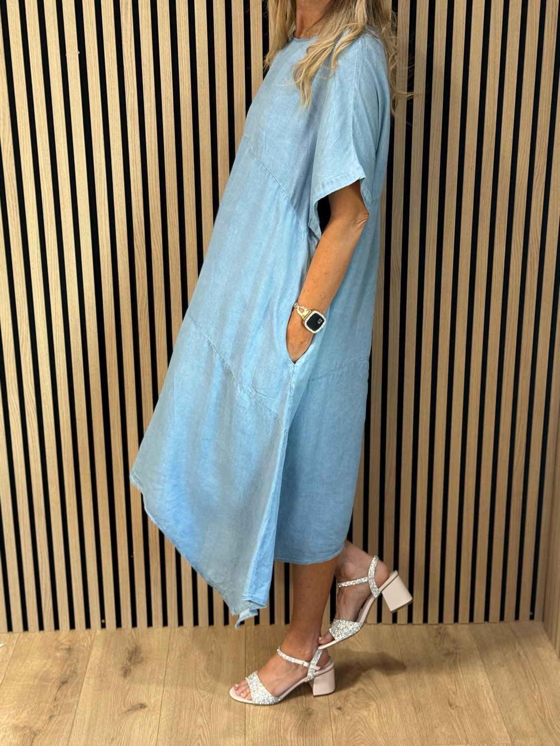 Asymmetric Hem Denim Dress - Blue