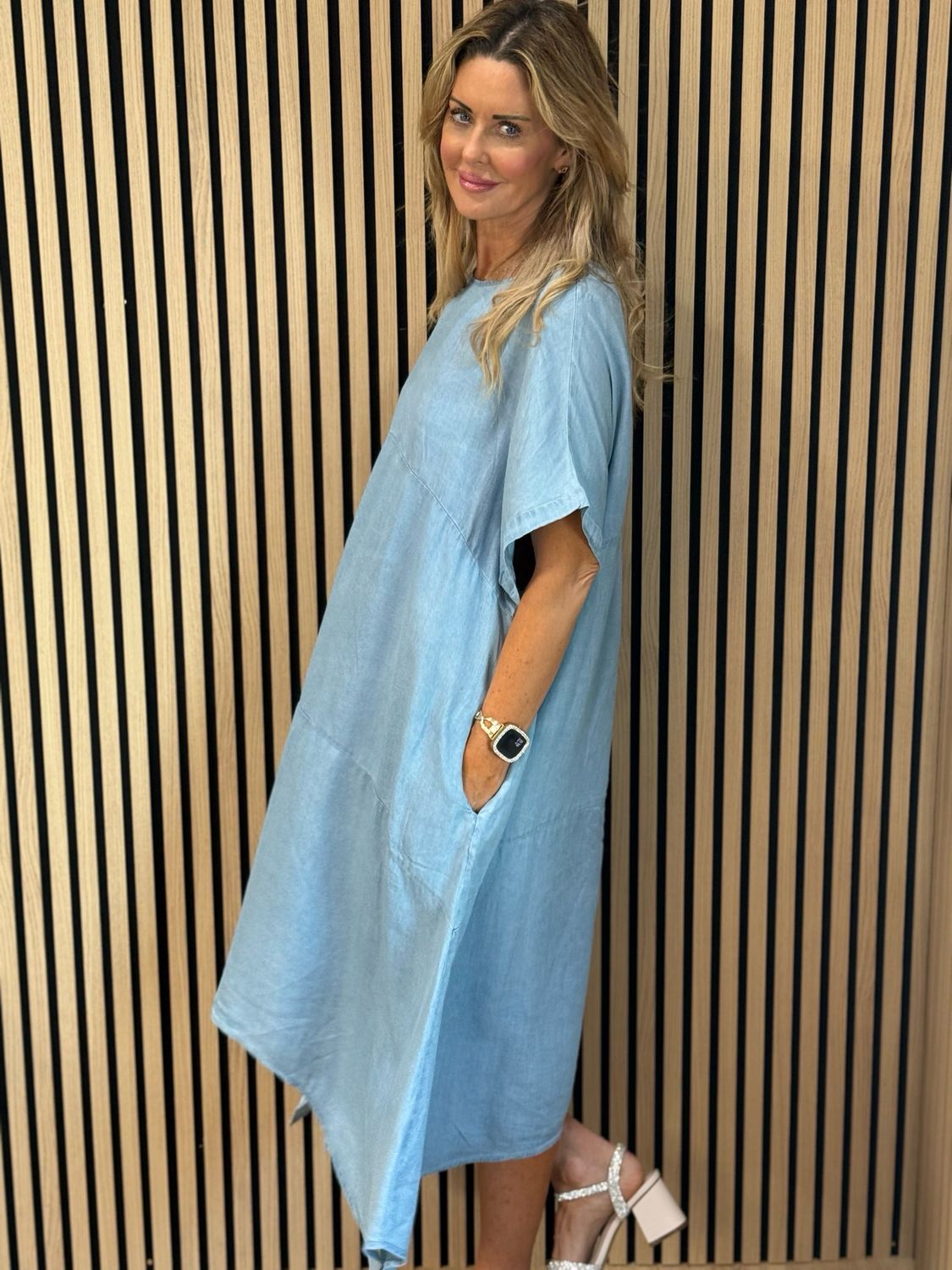Asymmetric Hem Denim Dress - Blue