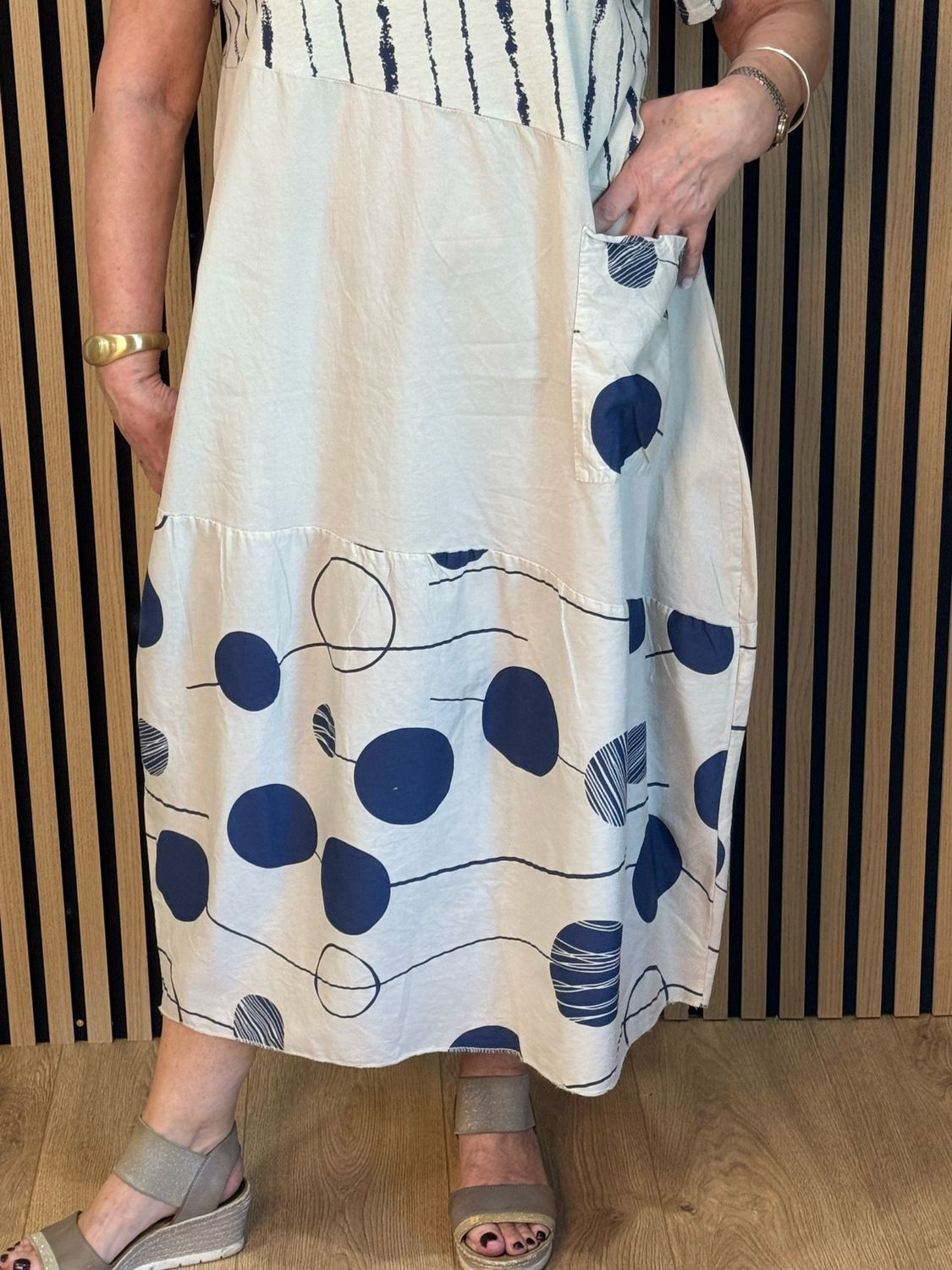 Stripe &amp; Abstract Panel Dress - Cream