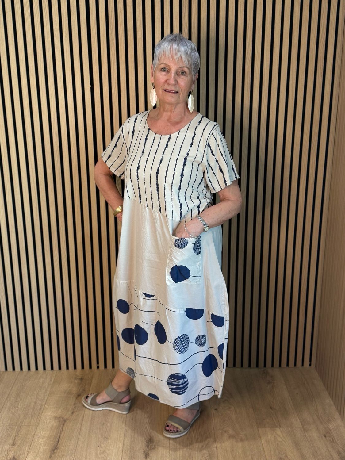 Stripe &amp; Abstract Panel Dress - Cream