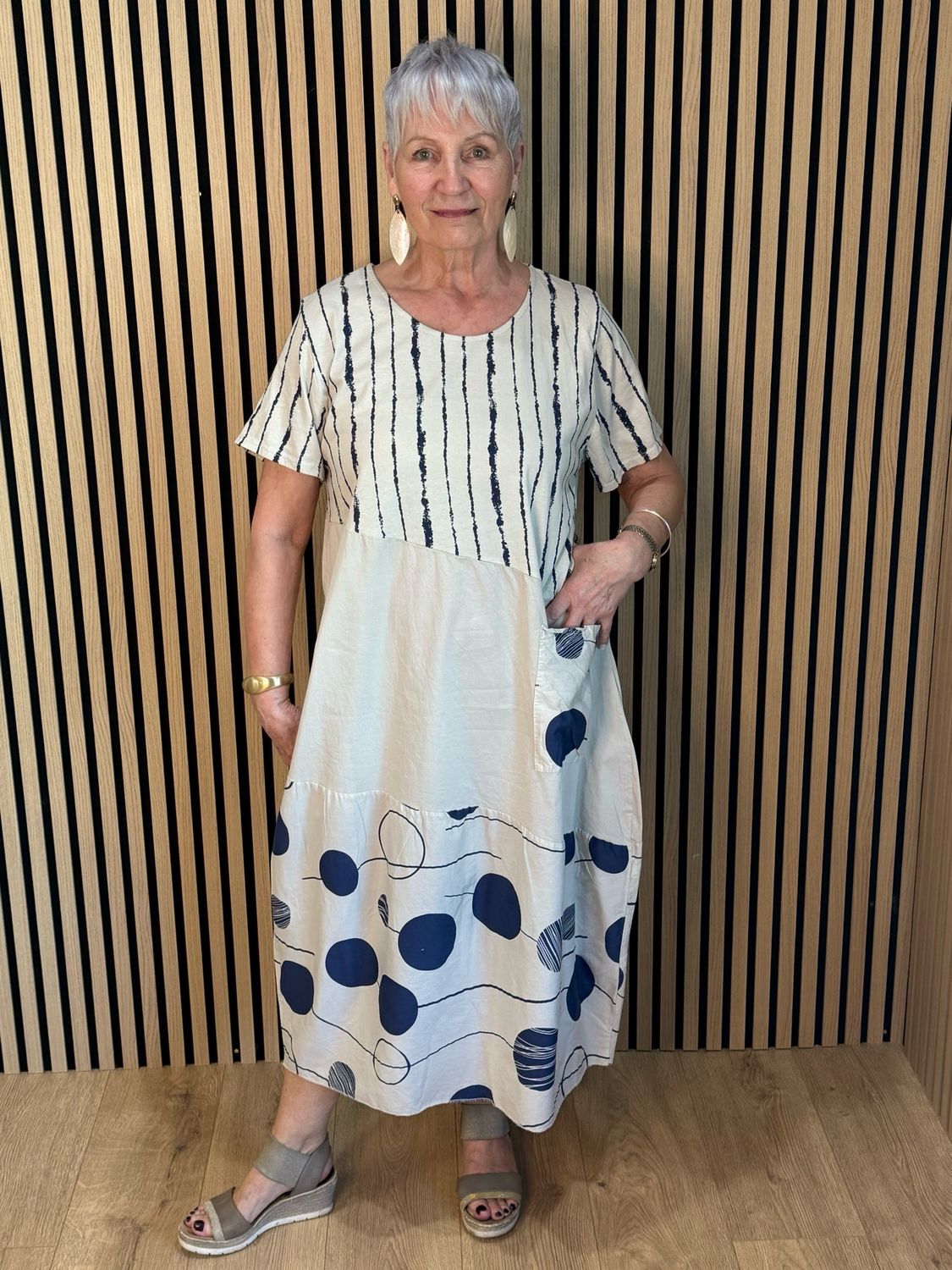 Stripe &amp; Abstract Panel Dress - Cream