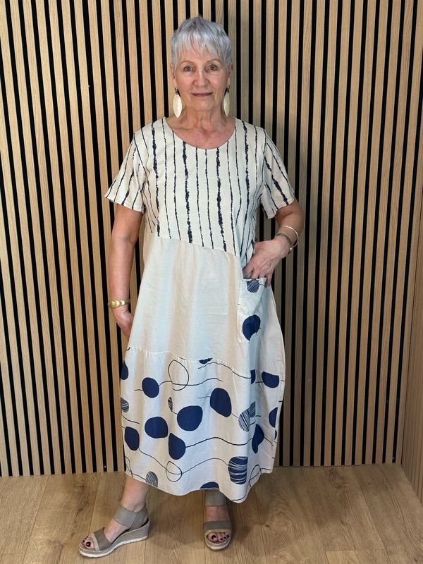 Stripe &amp; Abstract Panel Dress - Cream