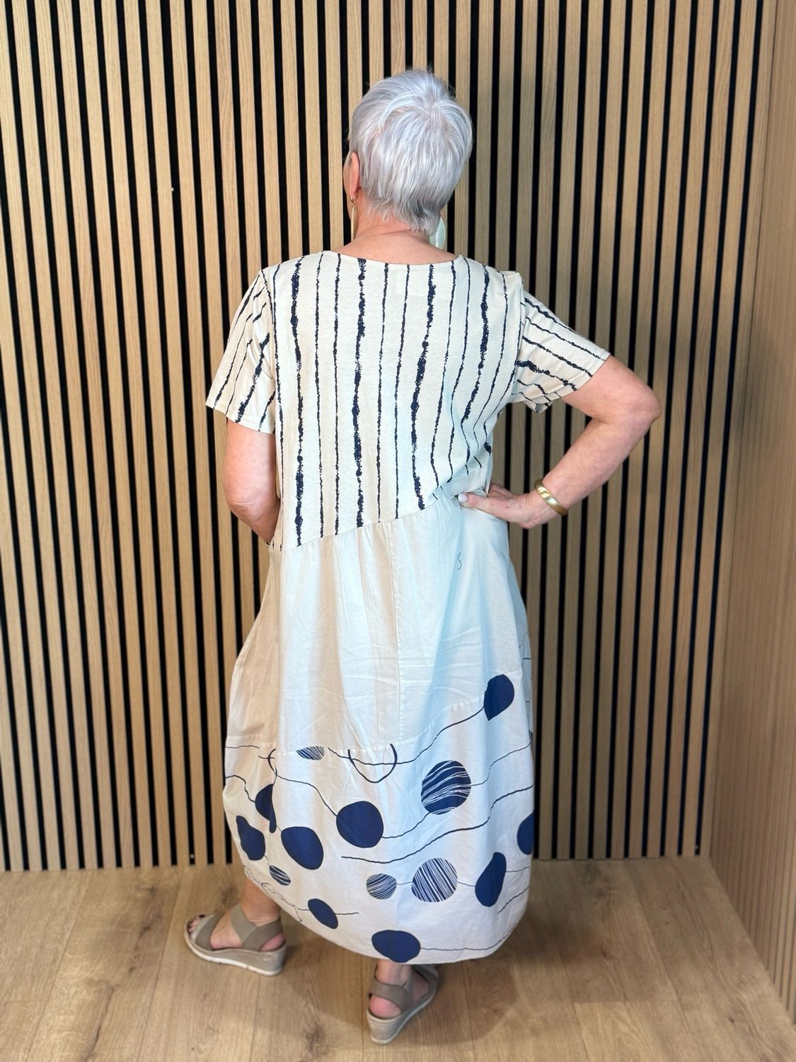 Stripe &amp; Abstract Panel Dress - Cream