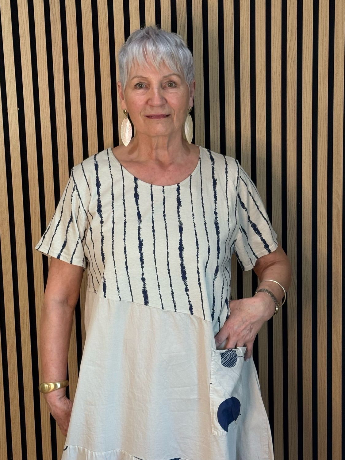 Stripe &amp; Abstract Panel Dress - Cream