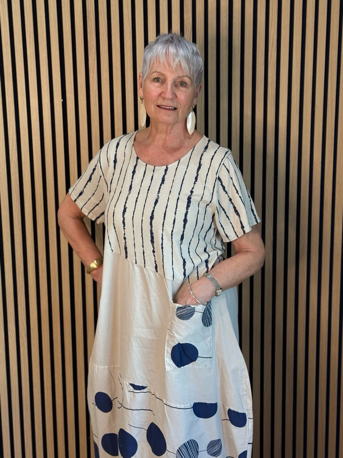 Stripe &amp; Abstract Panel Dress - Cream