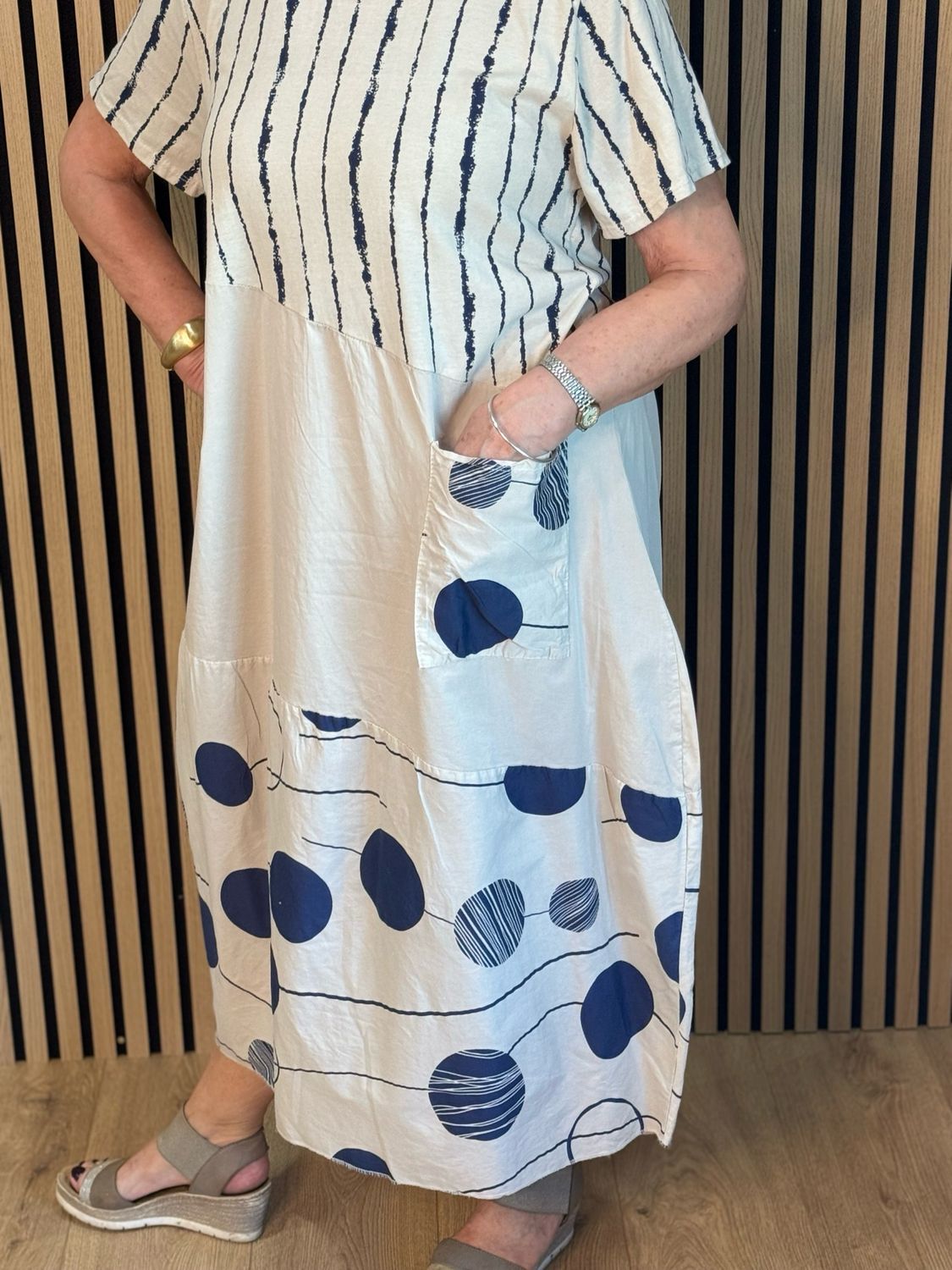 Stripe &amp; Abstract Panel Dress - Cream