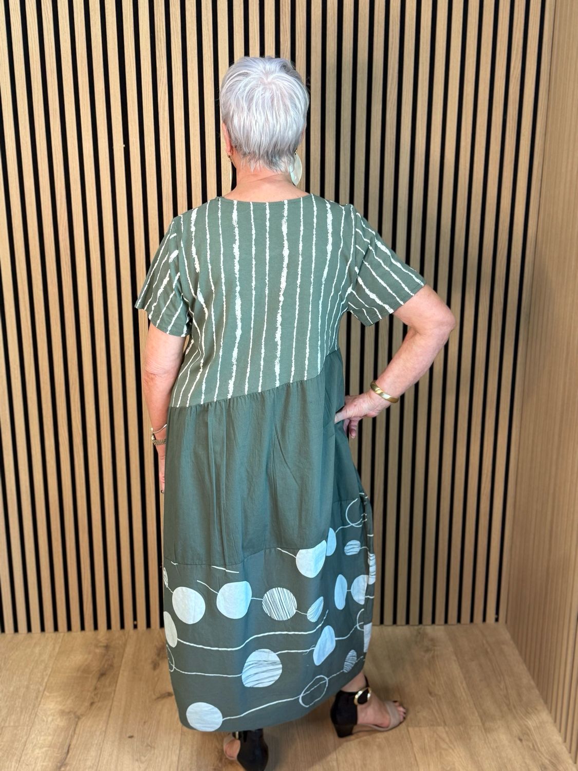 Stripe &amp; Abstract Panel Dress - Khaki