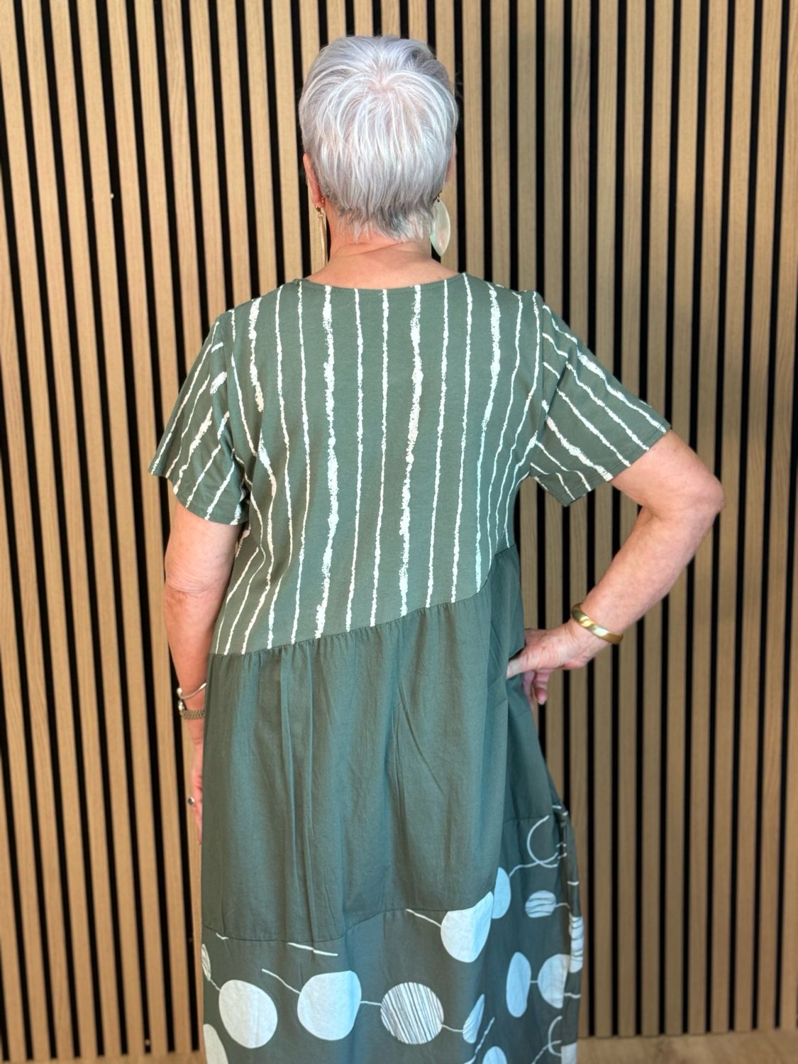 Stripe &amp; Abstract Panel Dress - Khaki