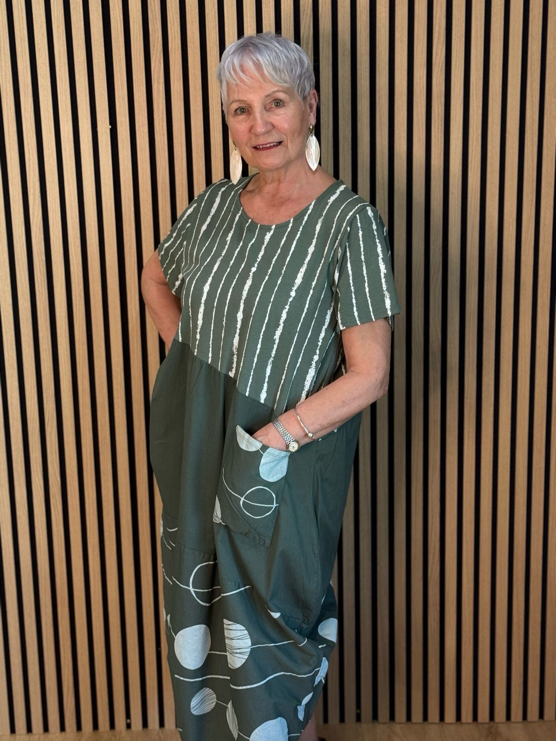 Stripe &amp; Abstract Panel Dress - Khaki