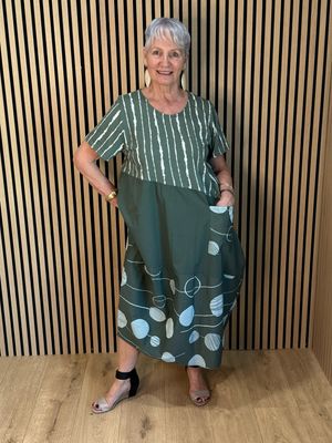 Stripe &amp; Abstract Panel Dress - Khaki