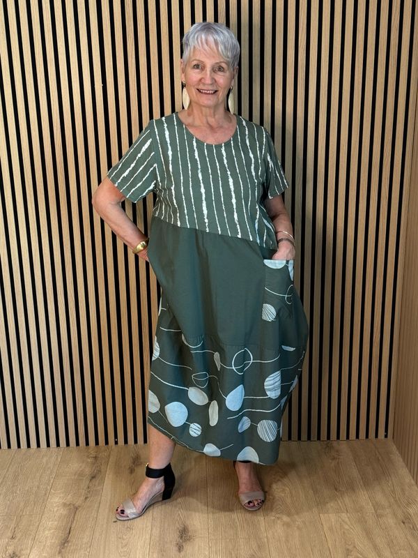 Stripe &amp; Abstract Panel Dress - Khaki