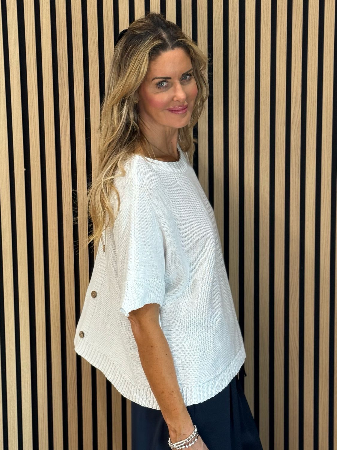 Button Back Knit Top - White