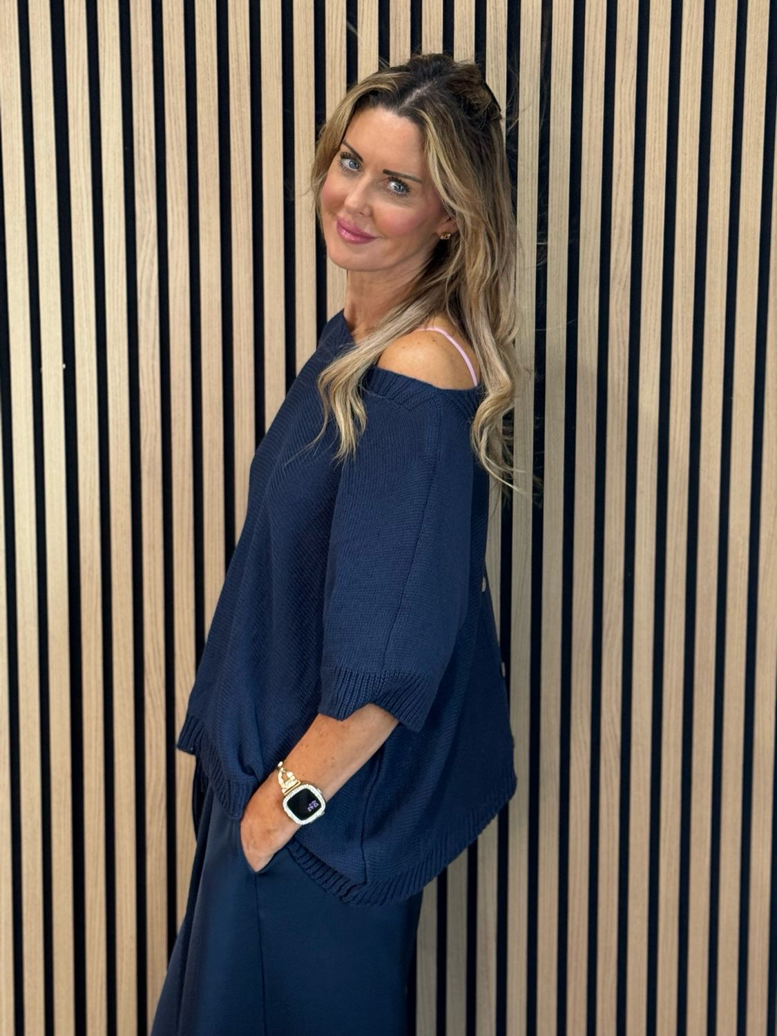 Button Back Knit Top - Navy