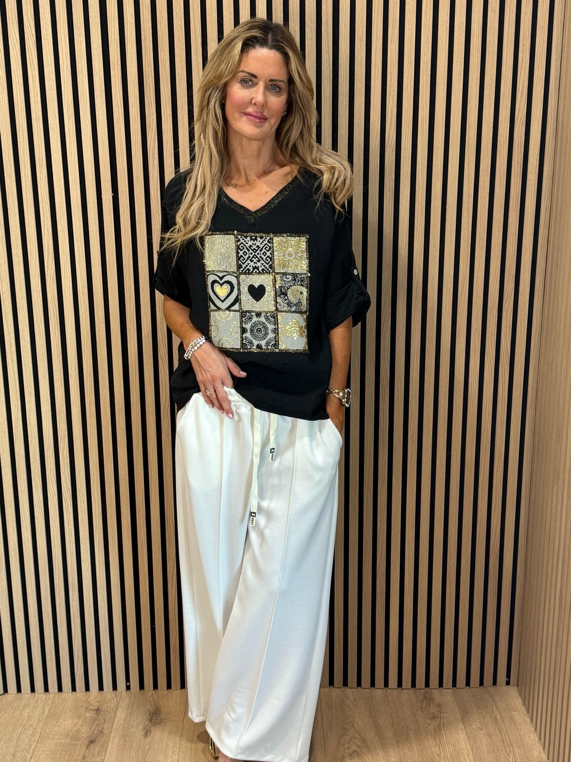 Patchwork Heart Print Top - Black