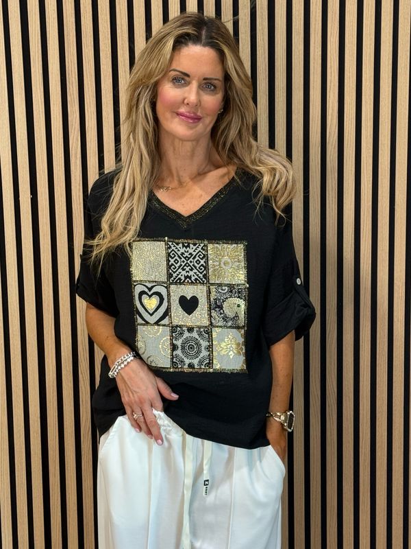 Patchwork Heart Print Top - Black
