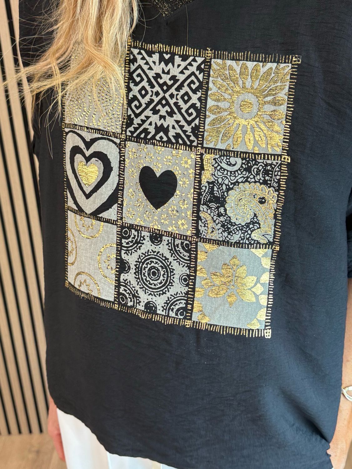 Patchwork Heart Print Top - Black