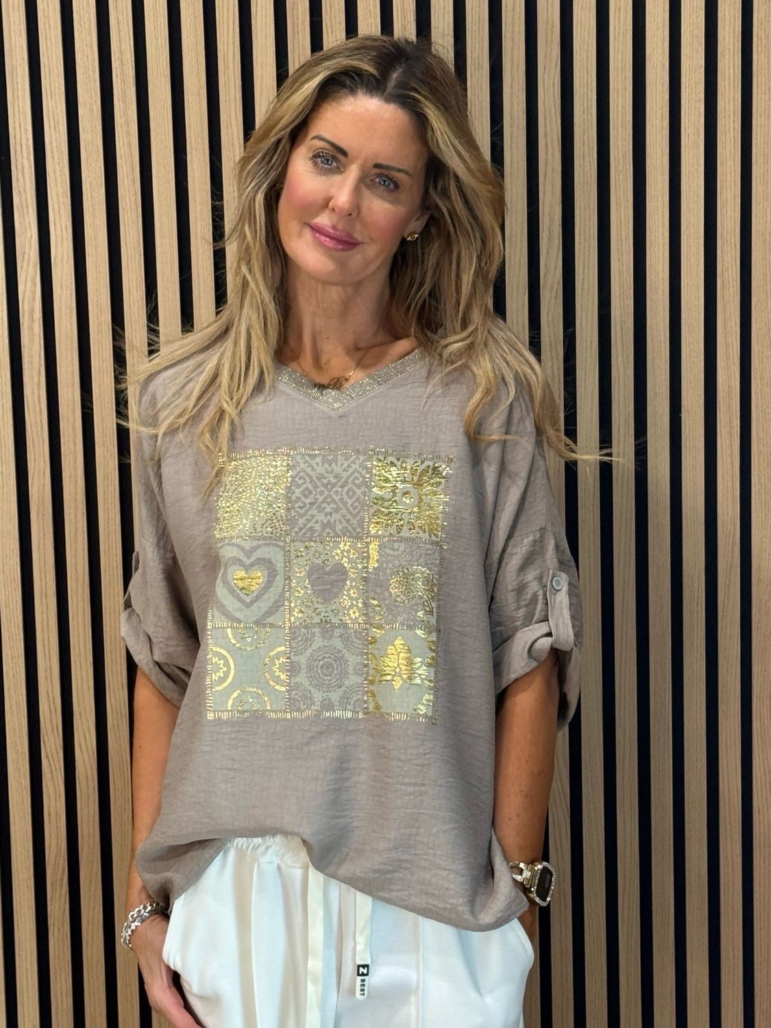 Patchwork Heart Print Top - Taupe