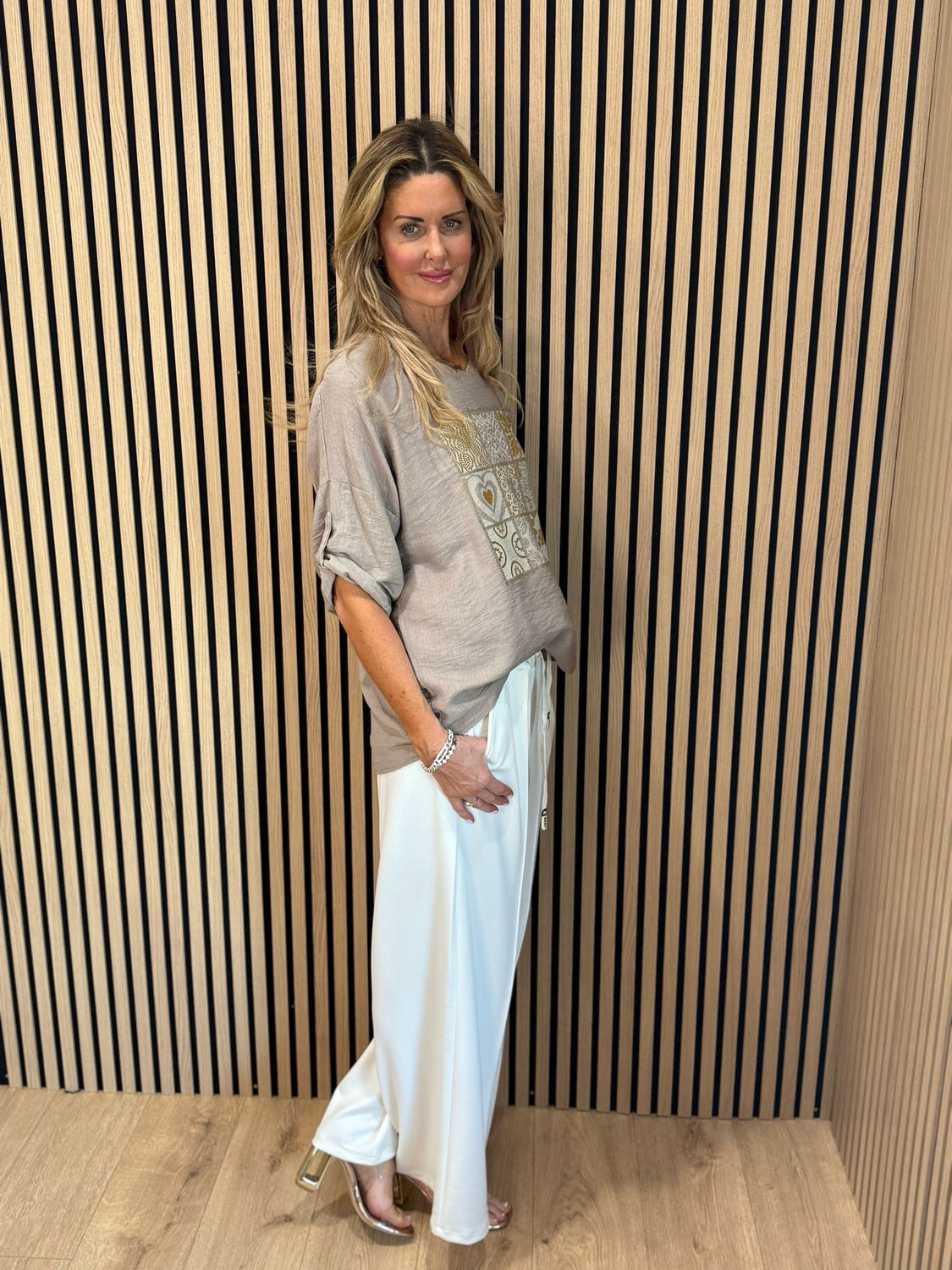 Patchwork Heart Print Top - Taupe