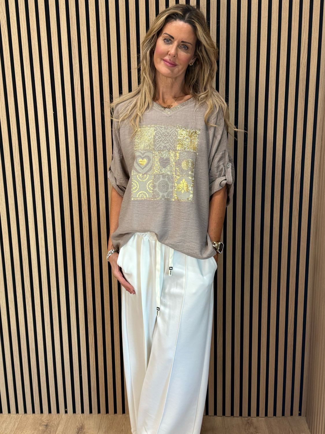 Patchwork Heart Print Top - Taupe