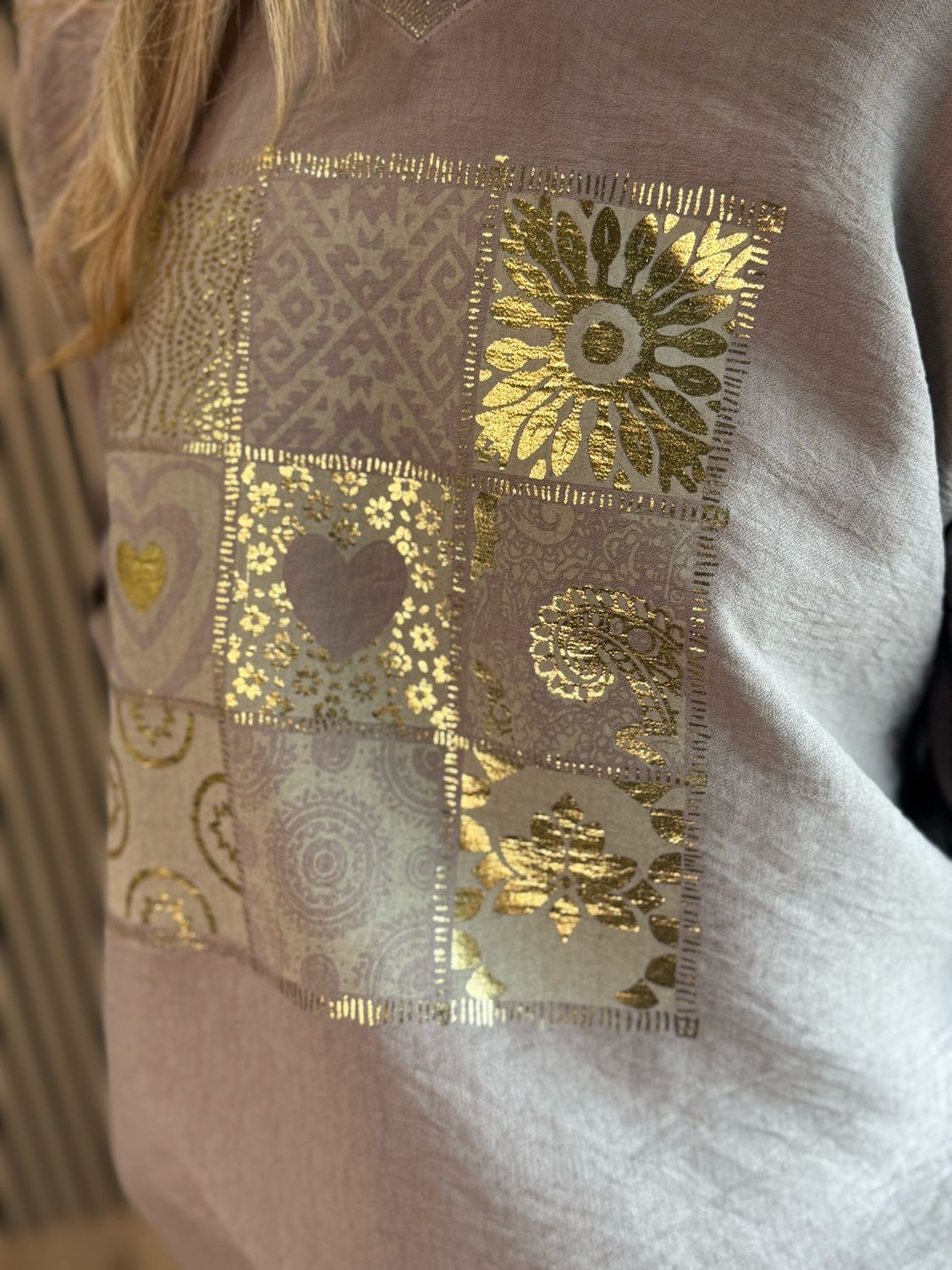 Patchwork Heart Print Top - Taupe