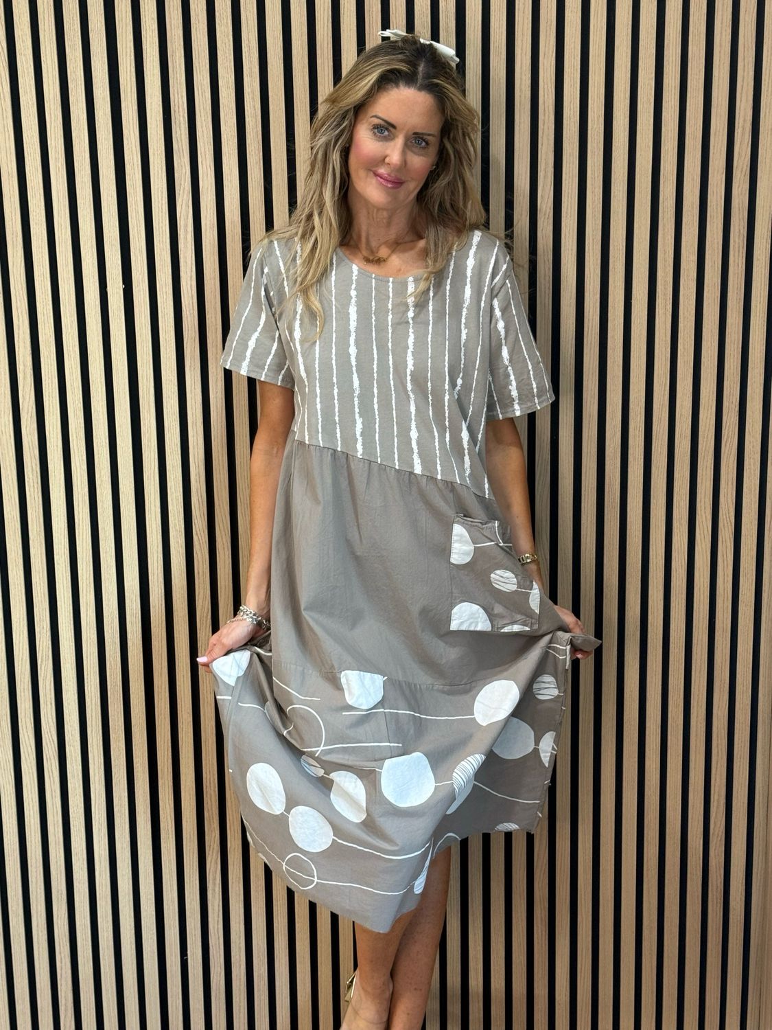 Stripe &amp; Abstract Panel Dress - Taupe