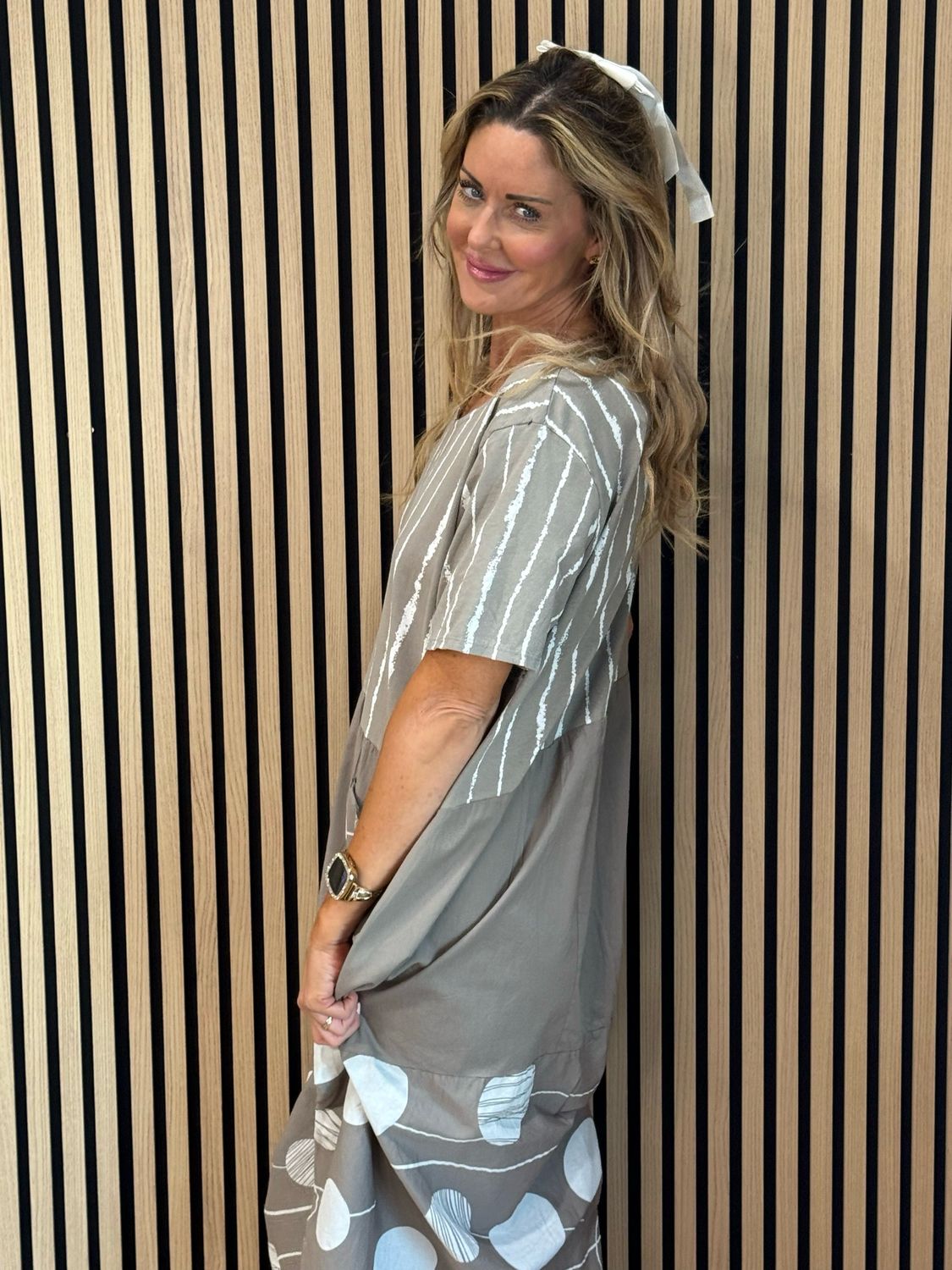 Stripe &amp; Abstract Panel Dress - Taupe